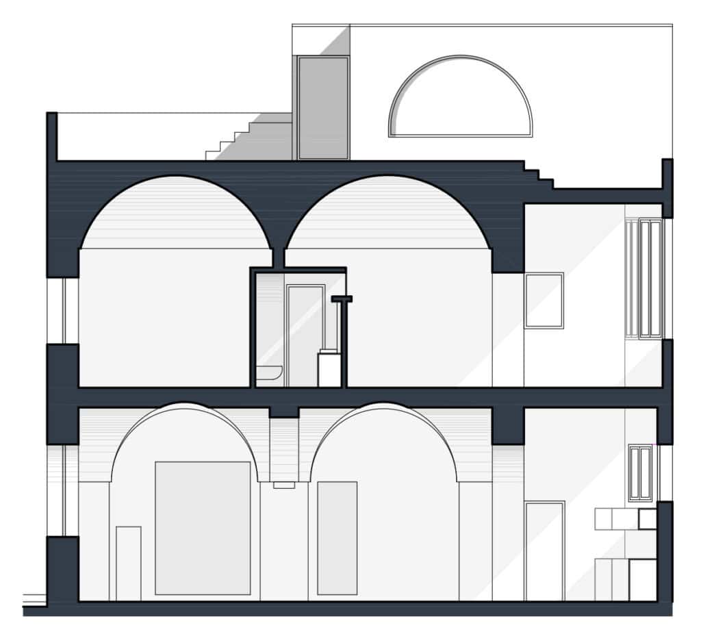 Sezione trasversale di Palazzo TD con archi e ambienti interni.